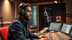 Professional voice actor in modern recording studio with microphone and headphones, seated at mixing console, focused expression during dialogue recording session, warm studio lighting