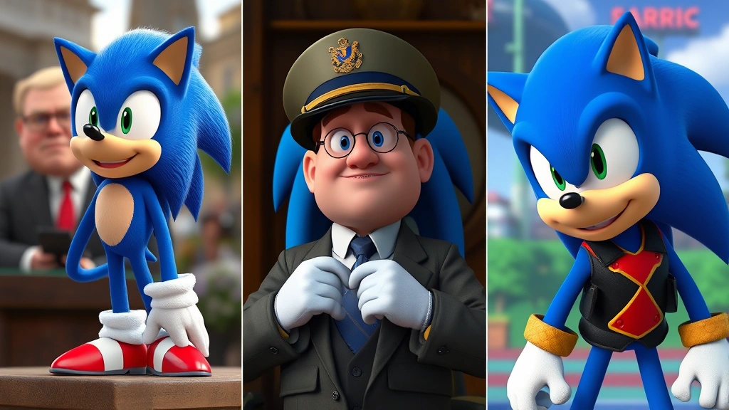 Split-screen montage showing character diversity: animated blue hedgehog, animated government official character, video game protagonist, all representing different vocal performances by same actor