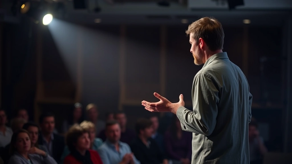 Theatrical performer on stage with spotlight, demonstrating emotional range and character development, audience in soft focus background, capturing the foundation of voice acting craft