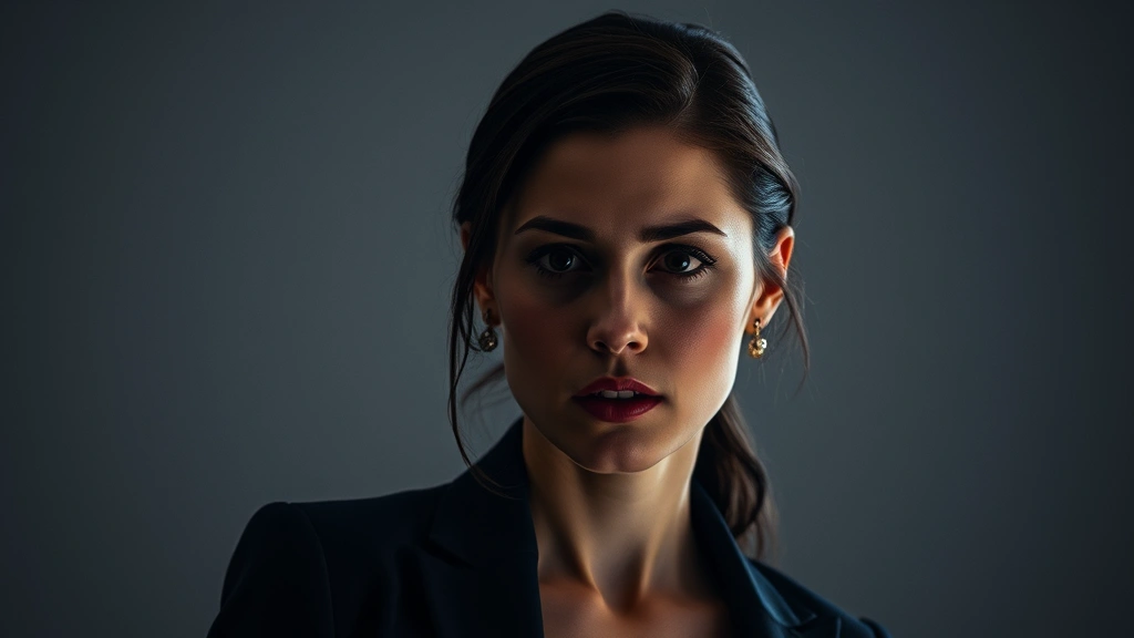 Professional female actor in dramatic scene with intense expression, subtle lighting highlighting facial features, sophisticated cinematography style, modern film production quality, neutral background emphasizing character emotion