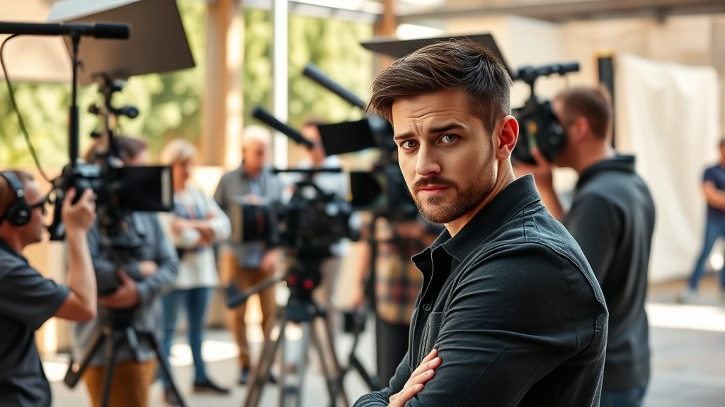 Confident actor on professional film set, surrounded by production equipment and crew members, collaborative creative environment, natural lighting, focused intensity, behind-the-scenes professional atmosphere