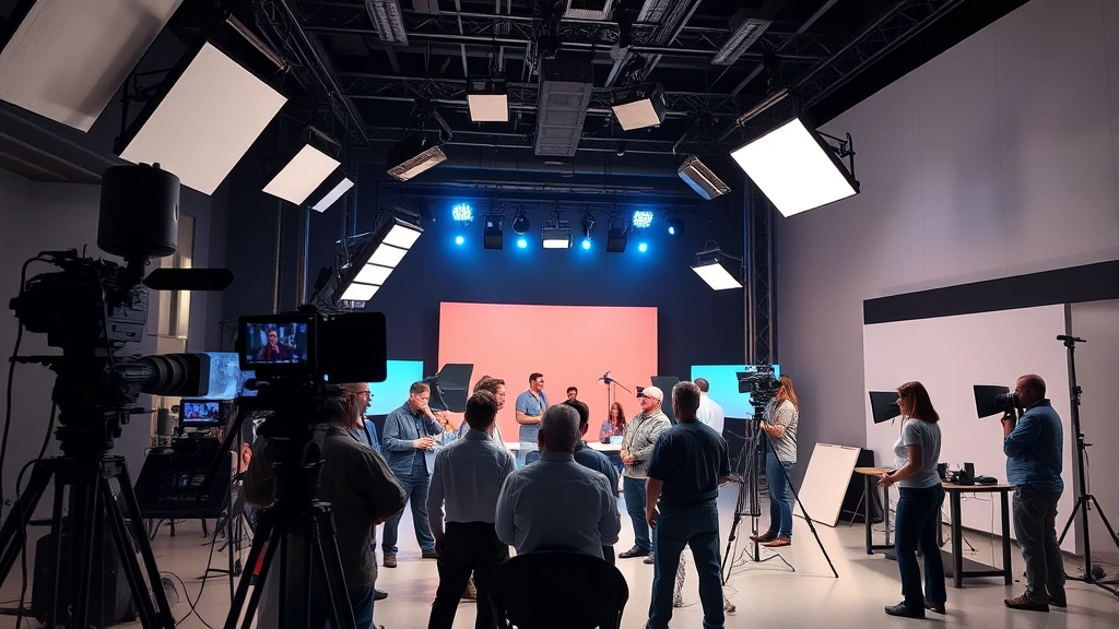 Contemporary television or film production setting with professional lighting rigs, camera equipment, and production crew working together, modern studio environment, creative collaborative space, sophisticated technical setup