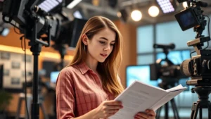 Young female actor in professional television studio setting, surrounded by production lighting equipment and camera rigs, reviewing script pages with focused concentration, modern broadcast facility background