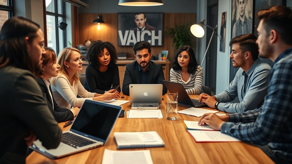 Diverse television writers and producers in collaborative creative meeting, discussing character development and narrative structure around conference table with scripts and laptops, contemporary media production office