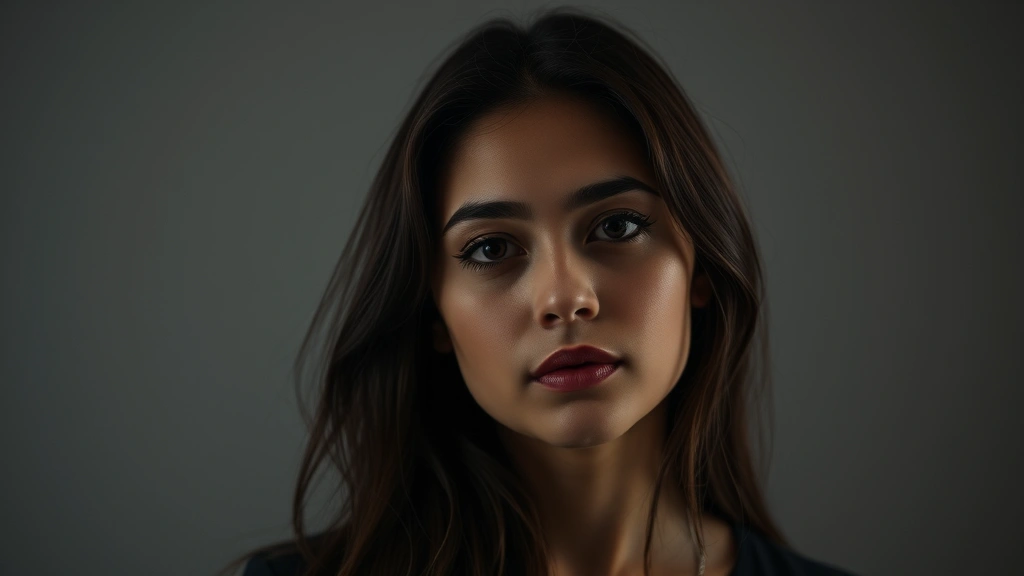Professional headshot of young woman with contemplative expression in moody cinematic lighting, neutral background, artistic portrait photography style, depth of field emphasis
