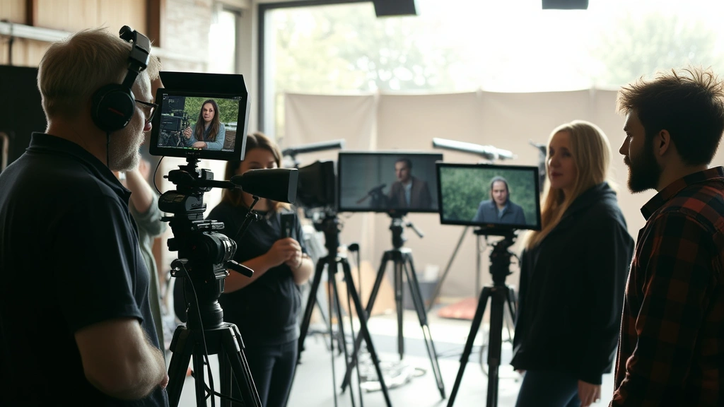 Film production set with director and crew members reviewing monitors and discussing scene composition, natural lighting from studio equipment, collaborative creative atmosphere