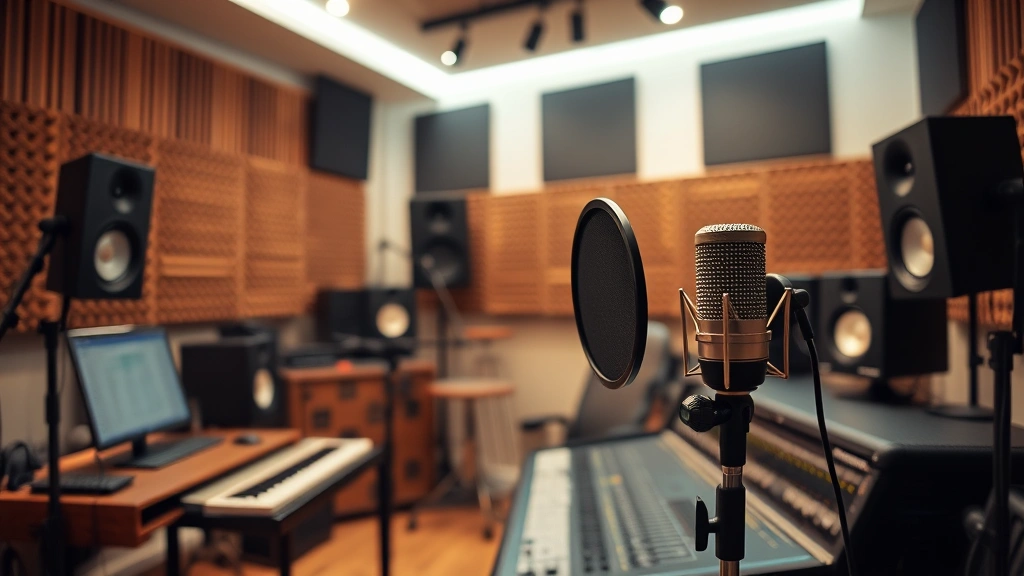 Vintage-style music recording studio setup with professional microphone, acoustic treatment panels, mixing console in soft warm lighting, intimate creative workspace
