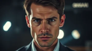 Professional actor in dramatic scene, intense emotional expression, moody cinematic lighting, close-up portrait photography, serious contemplative face, modern studio setting, depth of field background blur