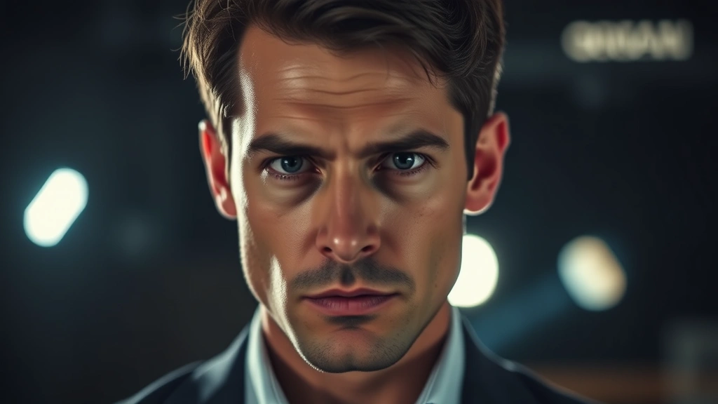 Professional actor in dramatic scene, intense emotional expression, moody cinematic lighting, close-up portrait photography, serious contemplative face, modern studio setting, depth of field background blur