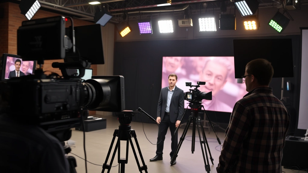 Television set production environment, camera equipment and lighting rigs visible, actor in mid-scene performance, professional cinematography setup, broadcast studio atmosphere, modern dramatic series production