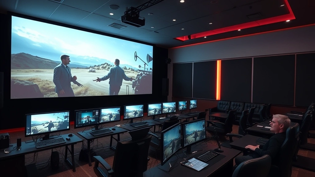 Film editing suite or screening room, digital displays showing footage, cinematic narrative visualization, modern media production technology, professional entertainment industry workspace, color-graded dramatic imagery