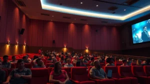 Modern movie theater interior with comfortable seating, warm lighting, and contemporary design aesthetic during evening hours with audience silhouettes enjoying a film