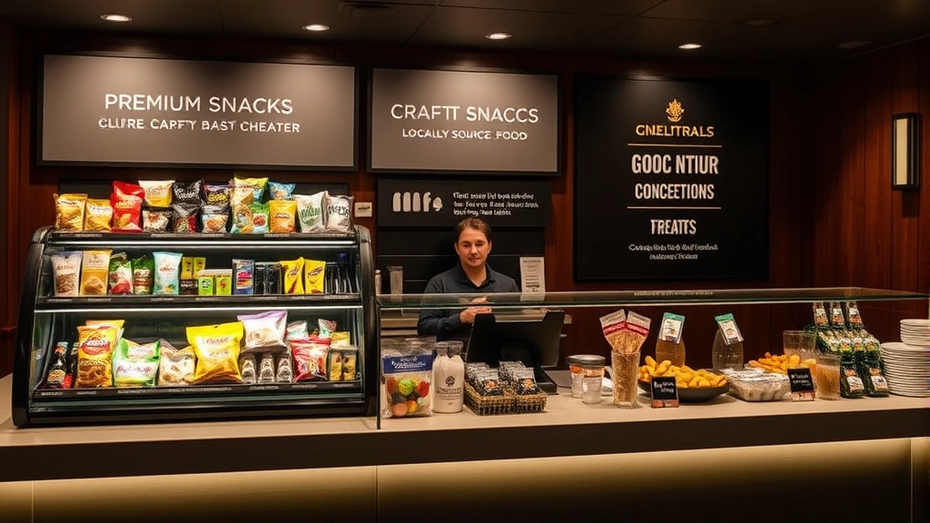 Theater concession counter displaying premium snacks, craft beverages, and locally-sourced food items with attentive staff member behind counter in professional setting