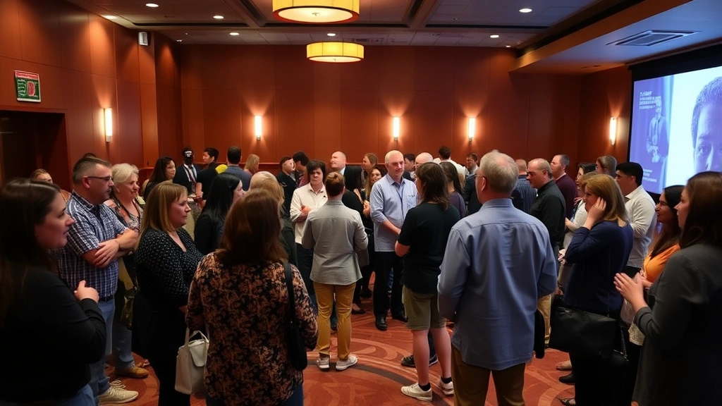 Community members gathered in theater lobby during special event or screening, socializing and creating connections in welcoming, well-lit venue space