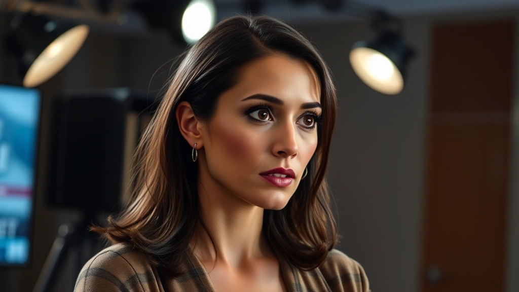 Professional female actress in dramatic scene, emotional depth, studio lighting, contemporary television production setting, photorealistic quality, focused expression conveying character complexity