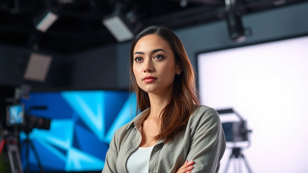 Professional female performer in modern television studio setting, dramatic lighting on thoughtful expression, contemporary casual wardrobe, blurred production equipment background, photorealistic digital media environment
