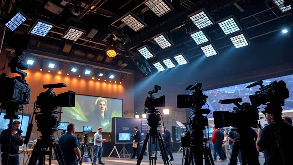 Television production set with multiple camera rigs, professional lighting arrays overhead, director's monitors and crew members working, dramatic scene setup, modern broadcast studio atmosphere photorealistic
