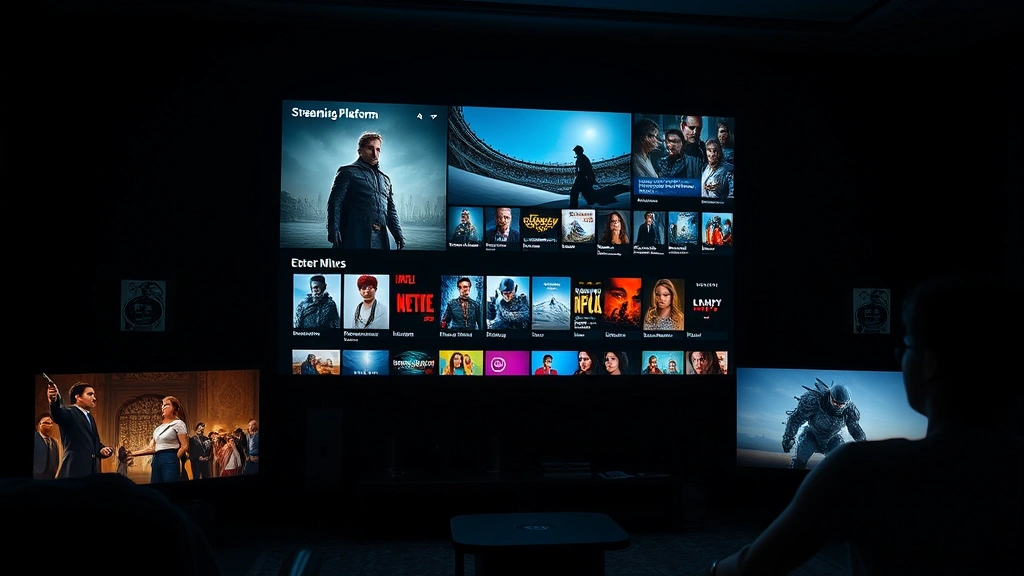 Streaming platform interface displaying diverse film and television content thumbnails, glowing screens in dark room, contemporary digital entertainment consumption, photorealistic media technology environment