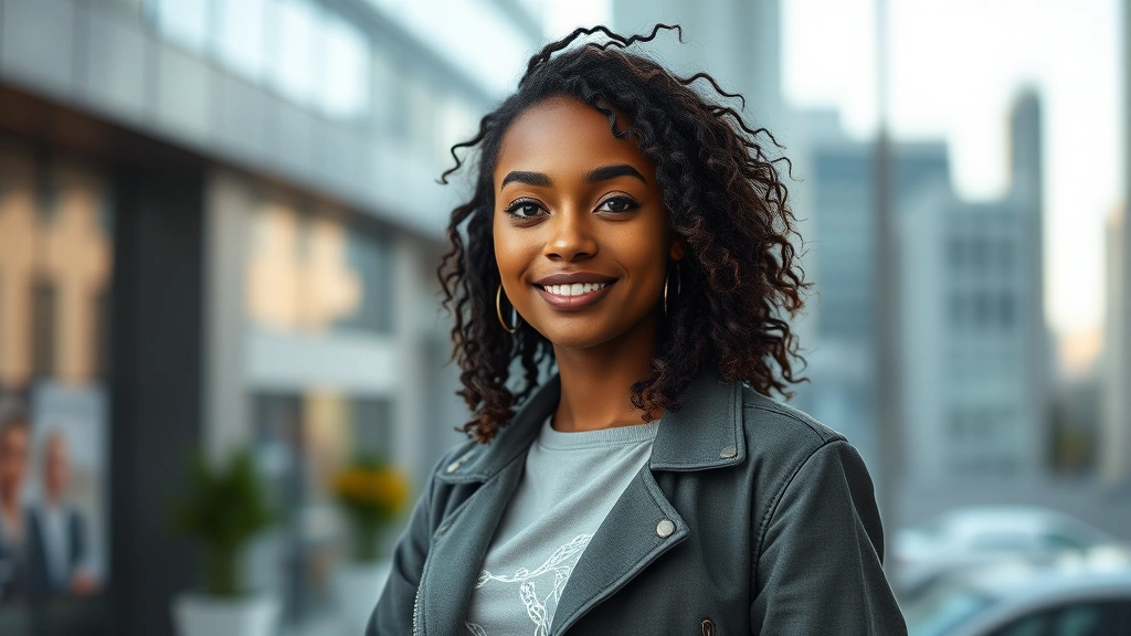 Professional portrait of diverse female actor in modern studio setting, natural lighting, wearing contemporary casual clothing, confident expression, blurred city background, photorealistic digital photography