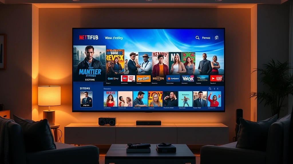 Diverse streaming service interface on large screen showing television series thumbnails and viewing options, warm ambient lighting, modern living room setting, showing digital media consumption landscape