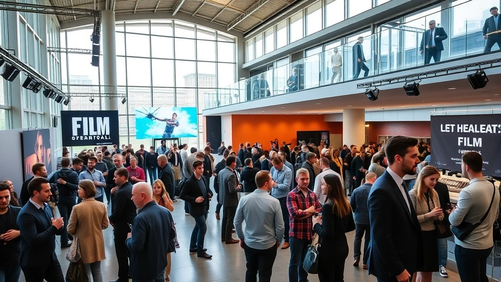 A contemporary film festival venue with attendees in professional attire networking and discussing projects, featuring modern architecture and natural lighting, capturing the industry professional environment