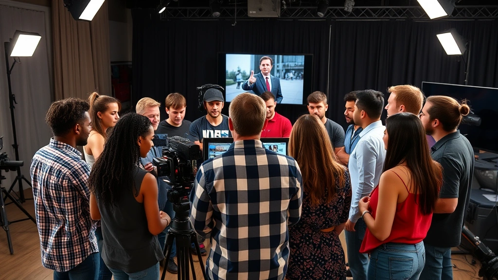 A diverse production team gathered around a director reviewing footage on monitors during a film or television shoot, showing creative collaboration and decision-making in action, professional studio setting