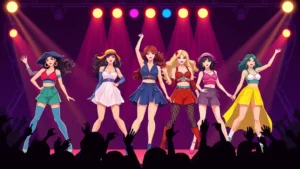 Digital illustration of five stylized female pop stars in distinct colorful outfits performing on a theatrical stage with dramatic lighting and enthusiastic crowd silhouettes, representing 1990s pop culture entertainment phenomenon and girl group dynamics