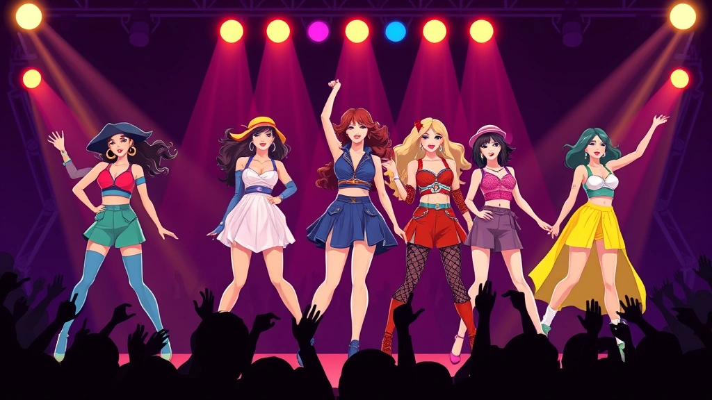 Digital illustration of five stylized female pop stars in distinct colorful outfits performing on a theatrical stage with dramatic lighting and enthusiastic crowd silhouettes, representing 1990s pop culture entertainment phenomenon and girl group dynamics