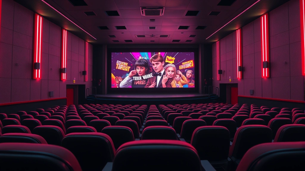 Wide shot of a modern movie theater interior with vintage 1990s aesthetic elements, showing empty theater seats and a glowing cinema screen displaying colorful pop culture imagery, representing theatrical release importance and audience engagement