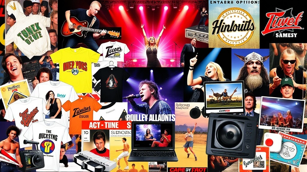 Collage-style digital artwork featuring merchandise items, concert imagery, and entertainment media icons from 1990s pop culture, showing interconnected entertainment platforms and commercial synergy without any text or interface elements