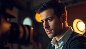 Professional male actor in mid-scene dramatic moment, intense expression, warm studio lighting, sophisticated film production environment, focus on authentic emotional performance