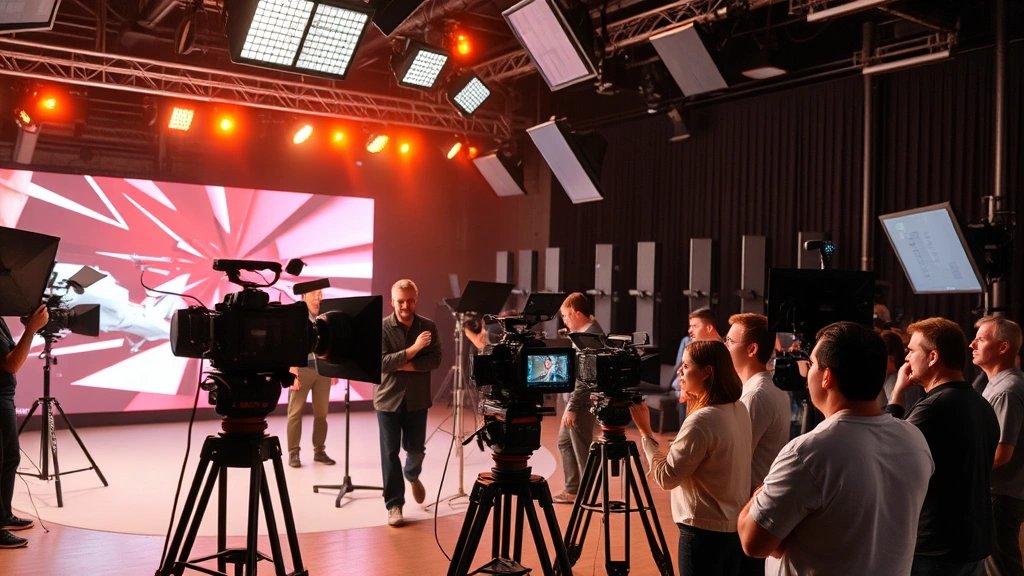 Television and film production set with multiple cameras, professional lighting rigs, crew members working, collaborative creative atmosphere, modern digital cinematography equipment