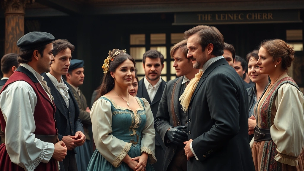 Diverse group of actors in ensemble scene, professional dramatic interaction, period film costume design, sophisticated cinematography, character-driven moment emphasizing ensemble dynamics