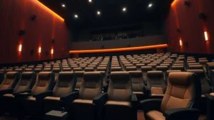 Cinematic auditorium interior with reclined luxury seating, warm ambient lighting, modern architectural design, no visible screens or text, photorealistic