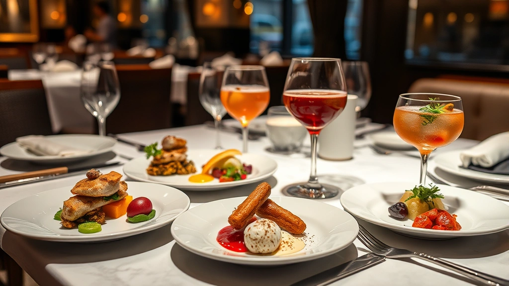 Gourmet restaurant plating with appetizers and cocktails on premium dinnerware, elegant table setting, warm restaurant lighting, no menus or text visible, photorealistic
