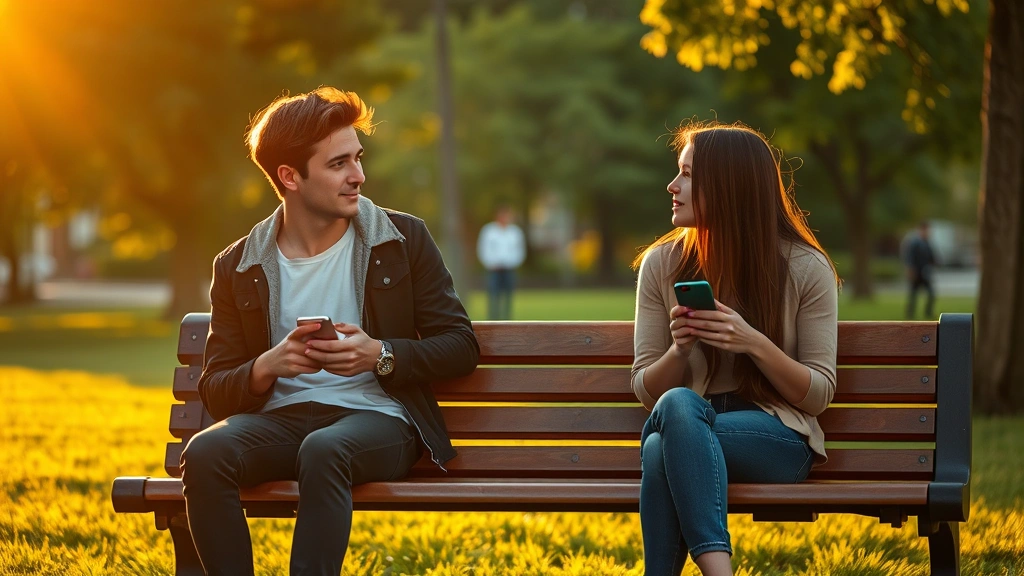 Two young adults sitting apart on a park bench during golden hour summer light, looking away from each other, both holding phones, conveying emotional distance and modern disconnection