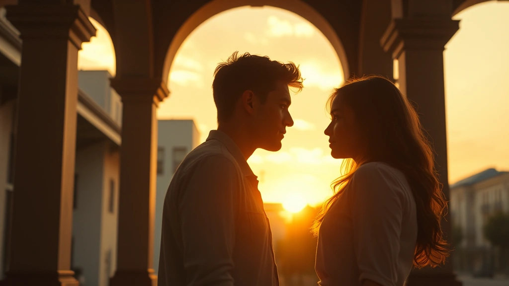 Cinematic shot of two figures in a summer setting with architectural framing that emphasizes distance between them, warm sunset tones, urban or semi-urban environment, mood of connection and separation simultaneously