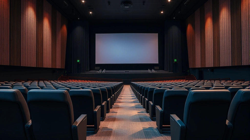 Modern movie theater interior with empty seats facing illuminated screen, warm ambient lighting, contemporary cinema architecture design
