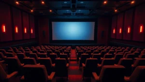 Modern cinema auditorium interior with stadium seating and professional digital projection system, warm theatrical lighting creating immersive atmosphere, empty rows of comfortable reclined seats facing large screen