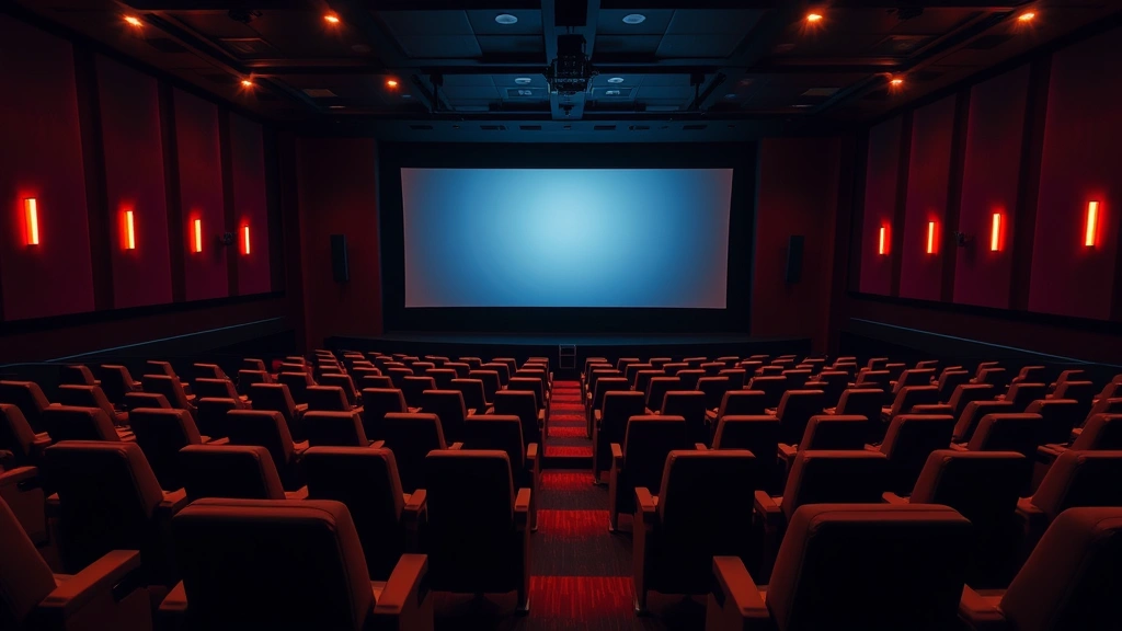 Modern cinema auditorium interior with stadium seating and professional digital projection system, warm theatrical lighting creating immersive atmosphere, empty rows of comfortable reclined seats facing large screen