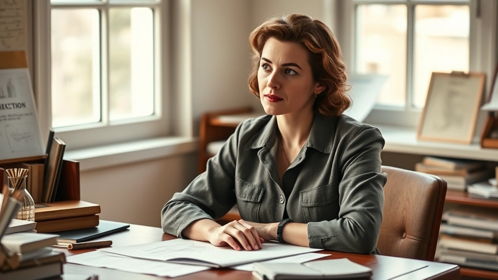 Professional actress in character as pioneering animal behaviorist, wearing vintage 1950s-60s clothing, seated at desk with scientific papers and drawings, thoughtful expression suggesting complex internal processing, warm natural lighting from window, photorealistic studio portrait style