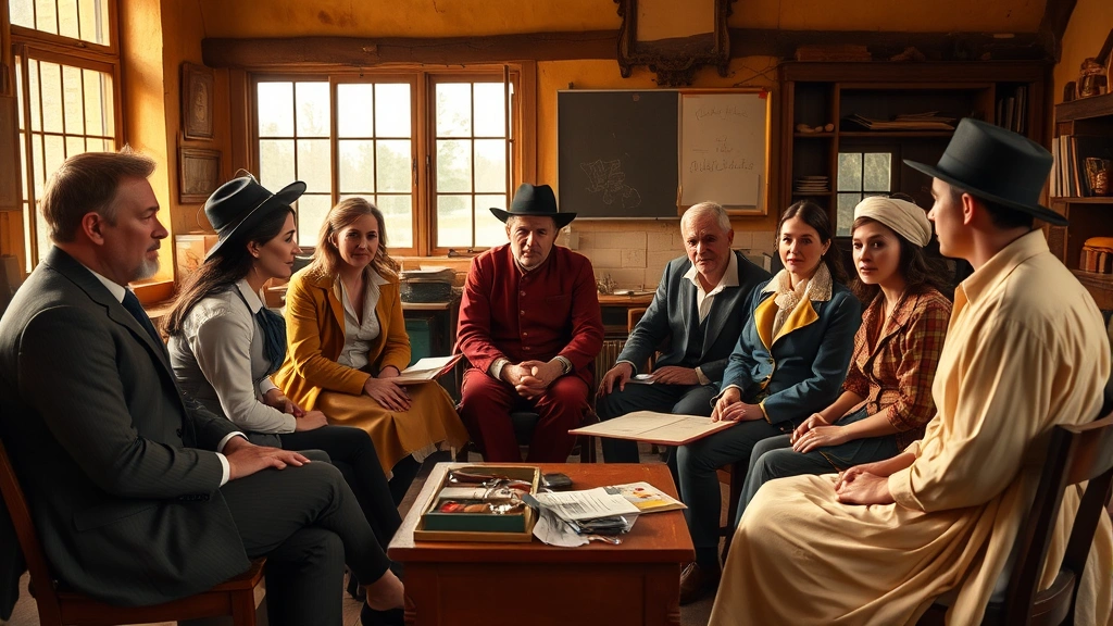 Diverse ensemble cast in period costume seated around classroom or workshop setting, engaged in authentic conversation and collaboration, warm amber lighting suggesting educational environment, candid moment capturing genuine interaction between characters, photorealistic documentary-style composition