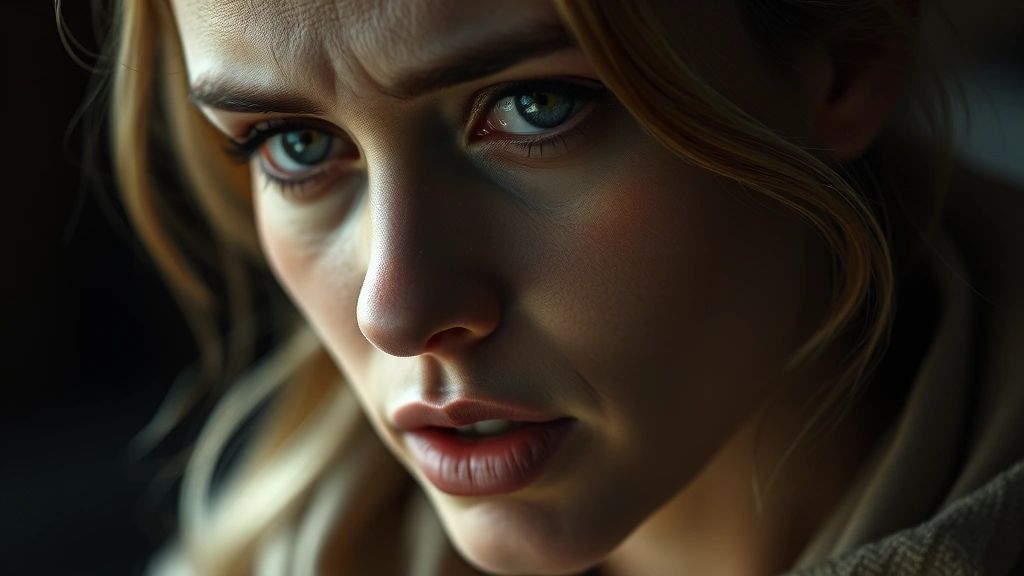 Close-up of actress's face showing nuanced emotion during pivotal dramatic scene, natural lighting highlighting subtle expression changes, professional cinematography style, photorealistic dramatic portraiture capturing depth of performance without text or distracting elements