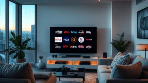 Modern living room with multiple streaming service logos glowing on television screen, cozy entertainment setup with remote controls, evening ambient lighting, photorealistic