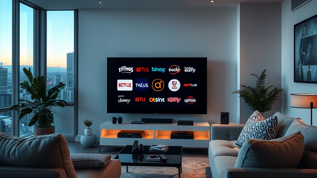 Modern living room with multiple streaming service logos glowing on television screen, cozy entertainment setup with remote controls, evening ambient lighting, photorealistic