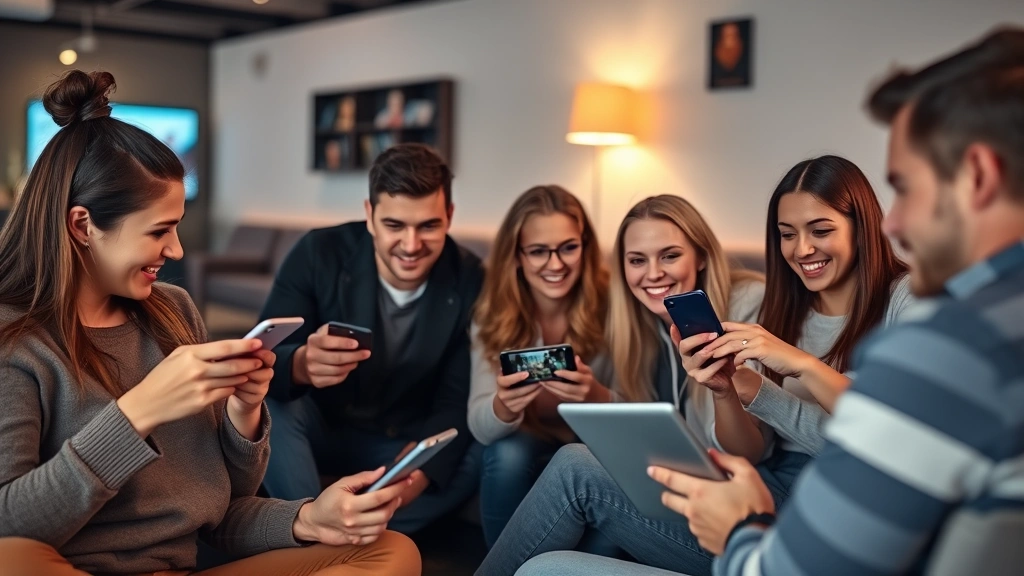 Diverse group of people watching streaming content on different devices - smartphone, tablet, laptop - in collaborative space, contemporary media consumption scene, photorealistic