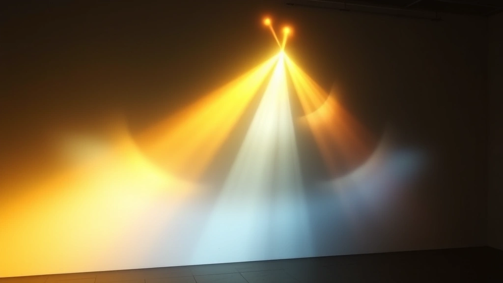 Minimalist film projection setup showing ethereal light patterns on a textured surface, warm golden and cool blue tones blending together, no visible screens or text elements