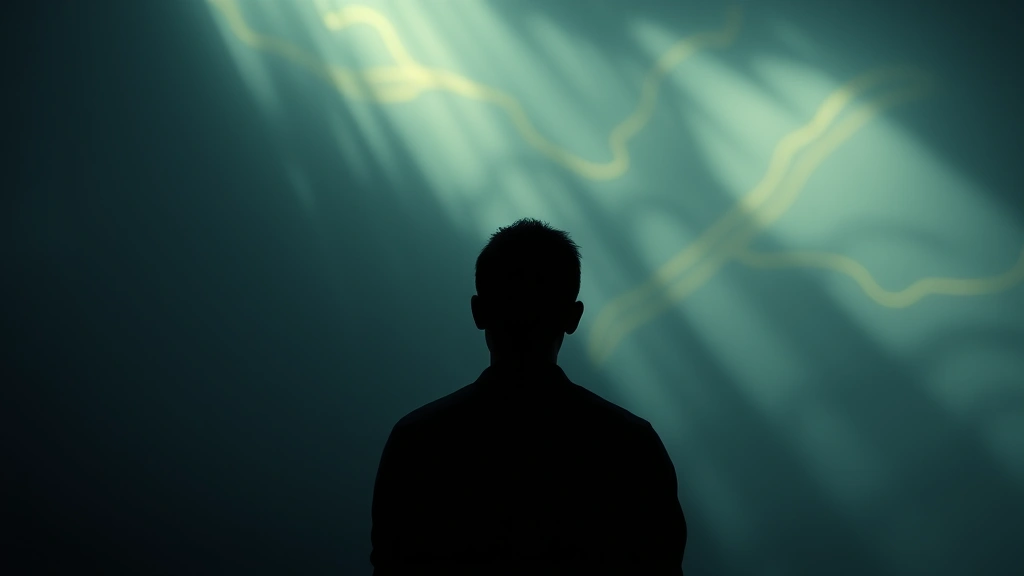 Contemplative viewer silhouette facing flowing abstract visual patterns of light and shadow in cool and warm tones, moody atmospheric cinema experience, no readable text