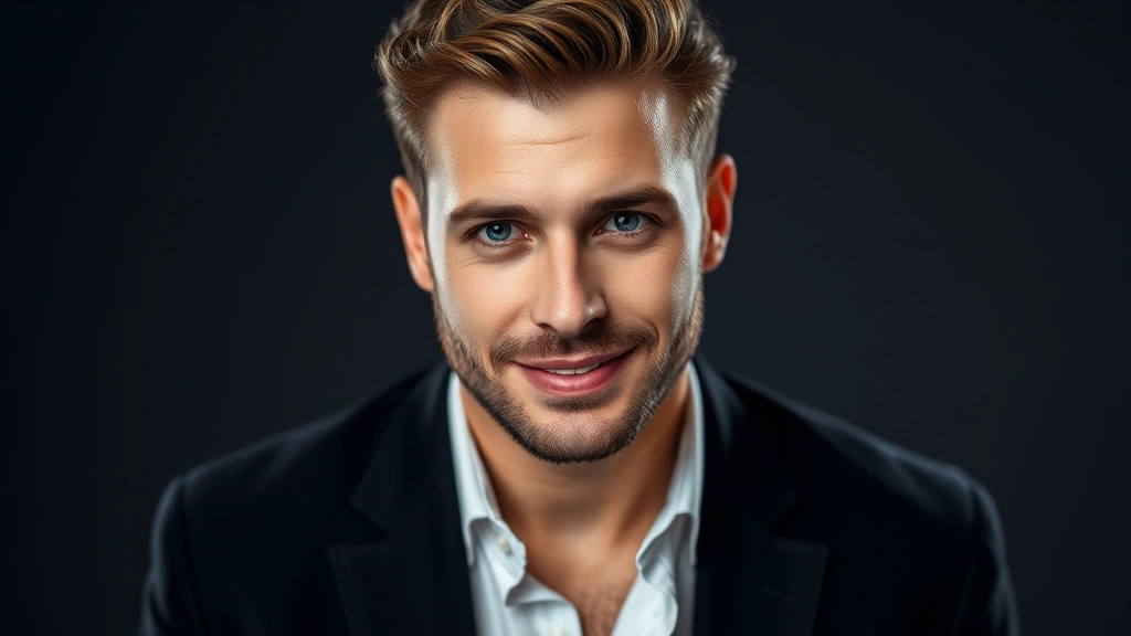 Male actor in professional headshot portrait with confident expression, contemporary styling, studio lighting, entertainment industry context