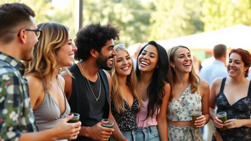 Group of young entertainers laughing together at casual outdoor event, natural daylight, relaxed atmosphere, social gathering scene